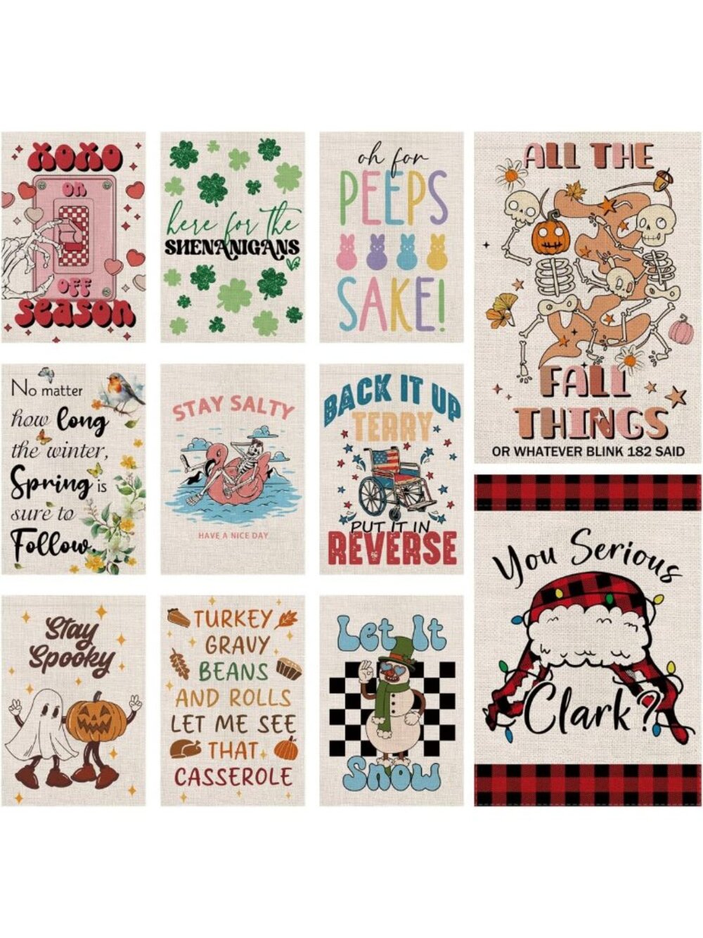Funny Seasonal Double-Sided Garden Flags Set of 11 - Holiday Farmhouse Decor